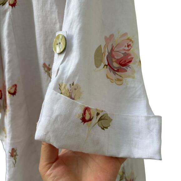 For Cynthia Duster Open Front Top Sz Md 100% Linen Floral Roll Tab Lagenlook NWT - Picture 5 of 12